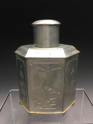 Chinese Pewter Swatow Tea Caddy With Calligraphy