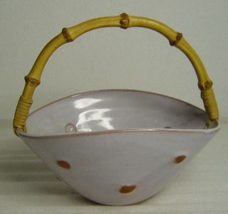 Vtg 30/50s Pottery Bowl With Relief Dots And Bamboo Handle