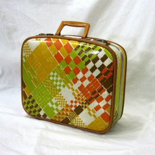Suitcase Small Orange Green Yellow Vintage 70s Travel Luggage Hard Shell 16 Inch