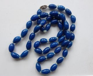 Antique Chinese Blue Peking Glass Beads Necklace Sterling Filigree Clasp 34 "