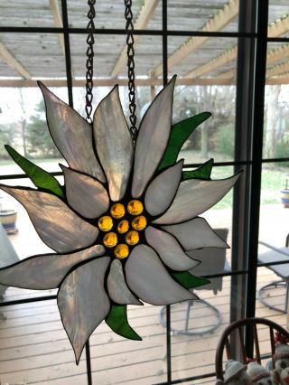 White Poinsettia Vintage Leaded Stained Glass Suncatcher Christmas 9 " X 10 "