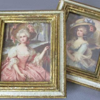 Pr Vintage Small Gold Leafed Wood Florentine Frames Miniature Portraits Ladies