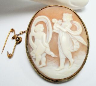 Large Antique Victorian Gold Metal & Carved Shell Cameo Brooch (venus & Cupid)