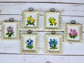 6 Vtg Finished Framed Crewel Needlework Embroidery Flowers Decor Pictures Art