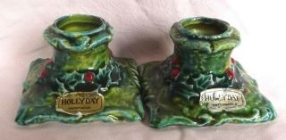 2 Vintage Napco Ware Square Holly Berry Christmas Candle Holders X - 7280 Hollyday
