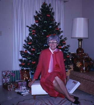 Vintage Stereo Realist Photo 3d Stereoscopic Slide Mature Woman Christmas Tree