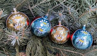 Set 4 Large Vtg Poland? Hand Painted Floral Glass Ball Christmas Ornament