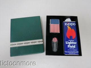 Vintage Zippo Enamel American Flag Lighter D.  2001 & Lighter Fluid Kit W/ Box