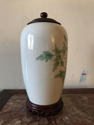 Unusual Antique Chinese Flower Vase with Wood Stand and Cover 3