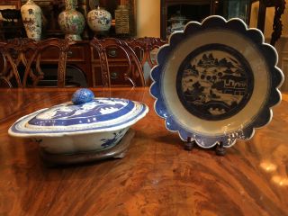 A Large Chinese 19th C Blue And White Canton Covered Dish And A Plate.
