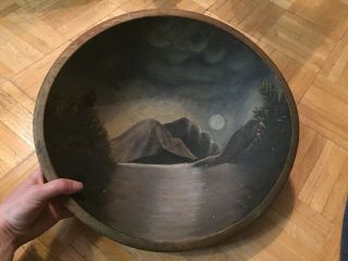 Early 19th Century Maple Bowl Lathe Turned Foot Rim & Painted Scene W Lake,  Mtns