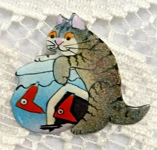 Vintage G Jones Painted Cat With Fish Bowl Brooch / Pin