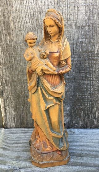 Vintage Anri Hand Carved Wood Madonna & Child Religious Figurine Italy 6 1/4”