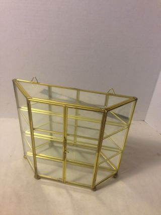 Vtg Brass Glass Curio Display Shelf Miniatures Showcase Wall Hang