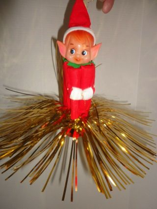 Vintage Elf/pixie Knee Hugger Red Felt Outfit Christmas Ornament 8 " W/ Tinsel