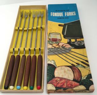 Vintage Stainless Steel Fondue Forks Set 6 Color Coded Wood Handles Japan