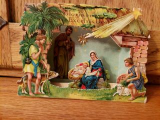 Vintage Die Cut 3d Pop - Up Embossed Cardboard Nativity Christmas Card Germany