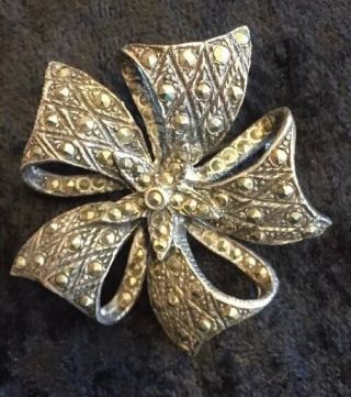 Vintage Sterling Silver Ribbon Bow Pin / Brooch Shining Marcasite Stones