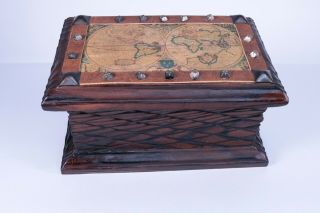 Vintage 70 ' s World Map Wooded Box Spanish Made with Brass & Leather Accents 2