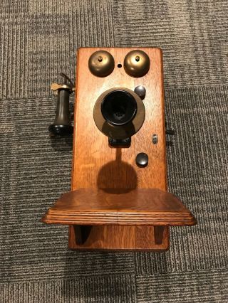Antique Oak Wood Wall Crank Telephone Converted To Radio.