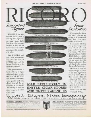 1916 Ricoro Cigars 10 Different Cigars Porto Rico Puerto Rico Print Ad