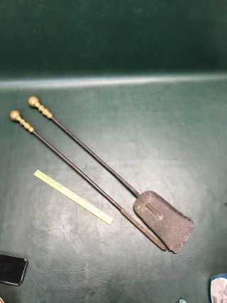 Two Antique Brass Handles & Cast Iron Fire Place Tools Poker & Shovel