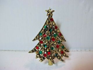 Vintage Signed Hollycraft Christmas Tree Brooch With Rhinestones