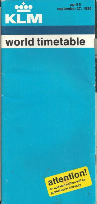 Klm Royal Dutch Airlines System Timetable 4/6/80