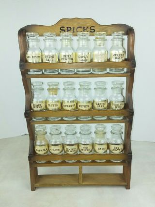 Spice Rack Wooden Hanging Holds 18 Glass Bottles Stoppers Vintage Kitchen Tools