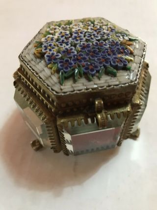 Antique Micro Mosaic Jewelry Trinket Box Casket Beveled Glass 2 3/4”