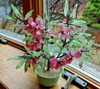 Vintage Chinese Asian Jade Green Pink Glass Flower Bonsai Tree Celadon Pot