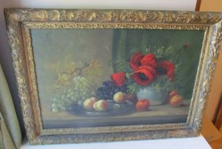 Signed Antique Still Life Fruit Oil Painting On Board Red Poppies Peaches
