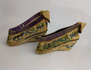 Chinese Antique Exceptional Pair Silk Embroidered Bound Feet Shoes Gold Thread
