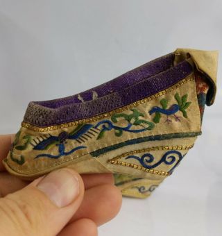 Chinese Antique Exceptional Pair Silk Embroidered Bound Feet Shoes Gold Thread 2
