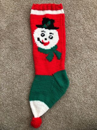Vtg Knit Christmas Stocking Hand Made From Pattern Snowman 23 " Red White Green