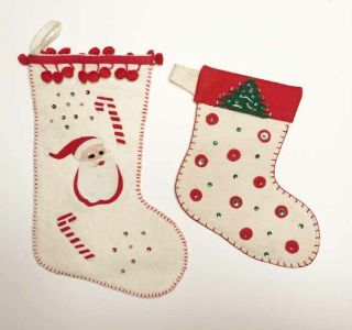D Two Vintage Christmas Stockings Felt Sequins Beads Santa Claus Tree Candy Cane