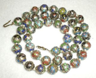 Vintage Old Chinese Silver CloisonnÉ Enamel 10mm Beaded Necklace Blue Green Red