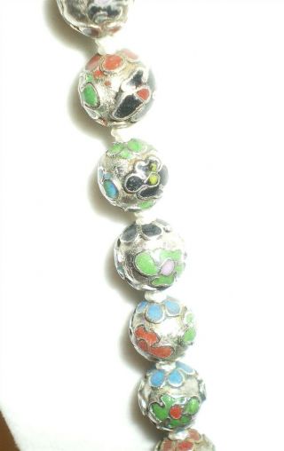 Vintage Old Chinese Silver CLOISONNÉ Enamel 10mm Beaded Necklace Blue Green Red 3