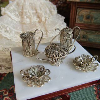 Antique Vintage SILVER FILIGREE DOLL TEA SET Dollhouse Artisan Miniature Teapot 3