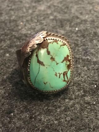 Large Vintage Old Pawn Sterling Silver And Turquoise Feather Ring Sz 9.  25