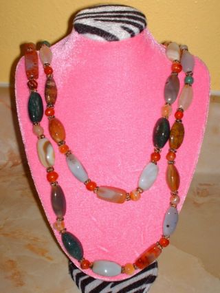 Vtg Agate Smoky Quartz Jasper & More Bead Necklace Polished Natural Stone 50 "