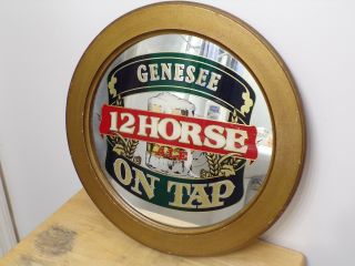 Vintage Genesee 12 Horse Ale On Tap Round Mirror Bar Sign - Beer Advertising