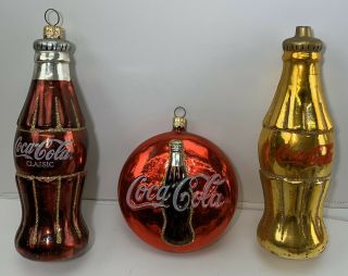 3 Coca Cola Coke Christmas Ornament Glass Poland Vintage