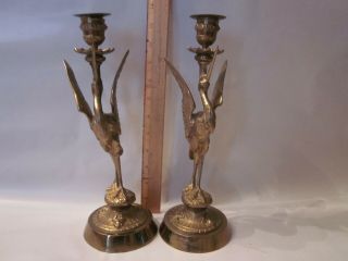Antique French Empire Bronze Candlesticks Candle Crane Bird Figurine State
