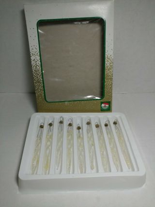 9 Vtg Hand Blown Clear Glass Twisted Icicle Christmas Tree Ornaments W/box Santa
