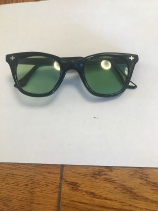 Aden Vintage Eyewear Safety Glasses Sunglasses Horn Rim Cross Green Glass Lens