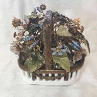 Jane Hutcheson Enamel Metal Flowers In Antique Porcelain Metal Handle Basket
