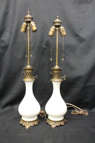 Pair Antique French White Opaque Oil Lamps Converted To Electricity;c.  1900
