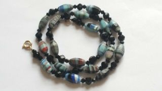 Czech Vintage Art Deco Banded And Black Glass Bead Necklace