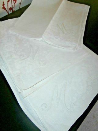 Three Vintage White Linen Damask Table Napkins 18 " X 20 " Monogram " M "
